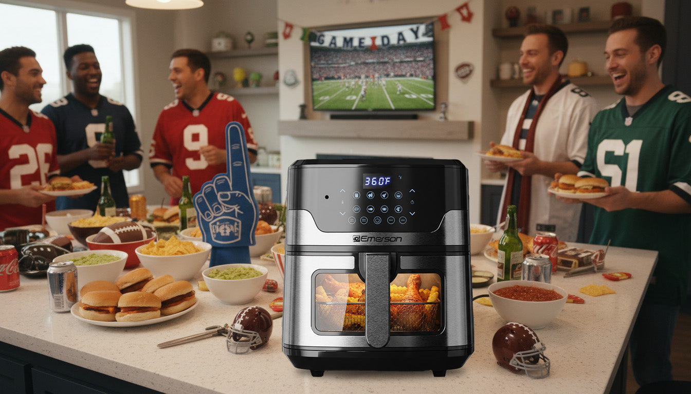 guys standing in a kitchen with football on tv in the background food all over counter next to the voice control air fryer