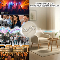 Smartphone with earbuds in a living room setting, surrounded by lifestyle images of a concert, call center, outdoor area, and bar.