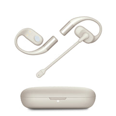 Beige Bluetooth headset with charging case on a white background
