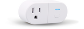White smart plug with blue indicator light on a white background