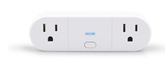 White electronic device with two outlets and a button on a white background