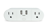 White power strip with multiple outlets and USB ports on a white background