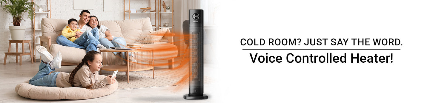 family in a living room with a voice controlled heater and the headline: Cold Room? just say the word. Voice controlled Heater