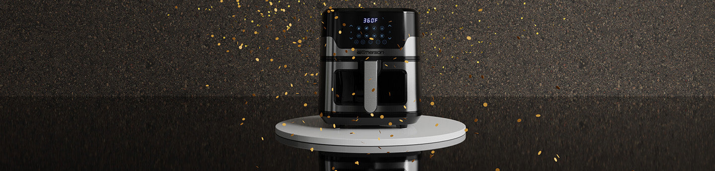 Air fryer on a pedestal with confetti