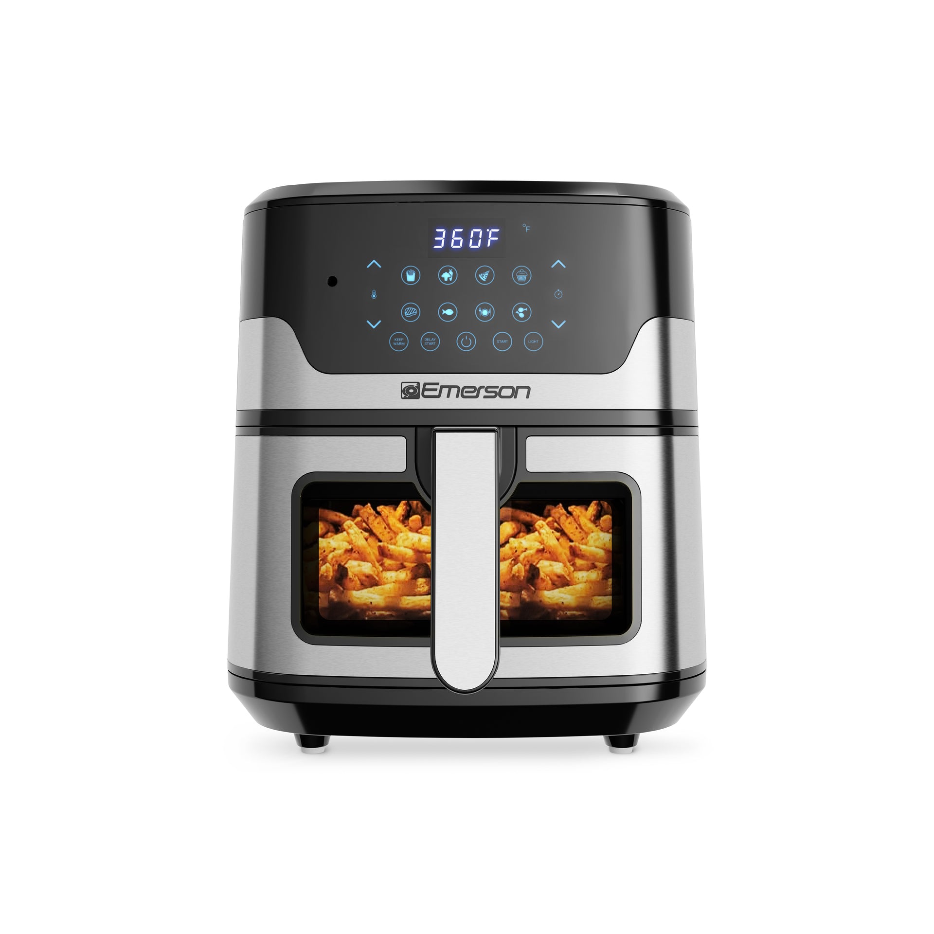 Emerson air fryer with digital display showing 360°F, filled with French fries on a white background.