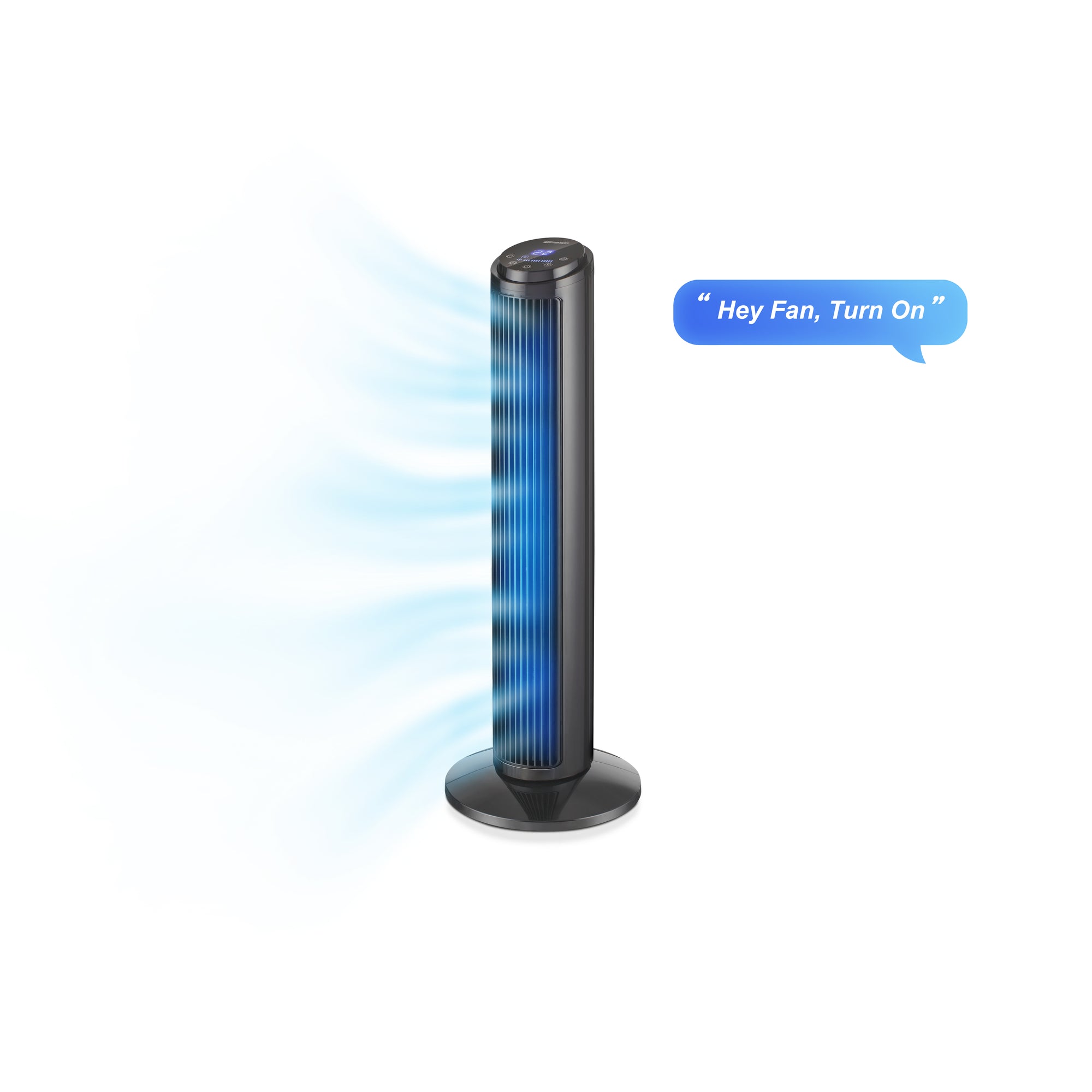 Emerson SmartVoice 29-inch tower fan in black with digital display and control panel, designed for smart home cooling.