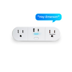Smart plug with 'Hey Emerson' text on a white background