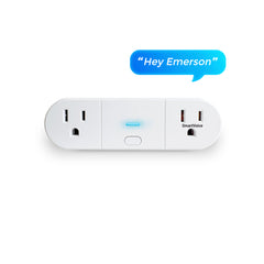 Smart plug with 'Hey Emerson' text bubble on a white background