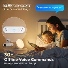 Woman and child reading in bed with Emerson smart wall plugs and lights on.