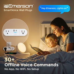 Woman and child reading in bed with Emerson SmartVoice Wall Plugs and lights on.