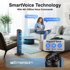 Emerson SmartVoice 29” Tower Fan, 40+ Voice Control Commands, No APP, No WIFI, Oscillating, 3 Speeds, Timer, Remote Control