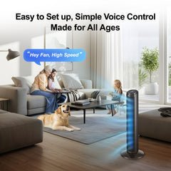Emerson SmartVoice 29” Tower Fan, 40+ Voice Control Commands, No APP, No WIFI, Oscillating, 3 Speeds, Timer, Remote Control
