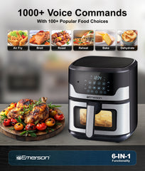 Emerson SmartVoice 5.3QT 6-in-1 Air Fryer, 1000+ Voice Commands, No APP, No WIFI, Air Fry, Bake, Reheat, Dehydrate