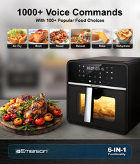 Emerson SmartVoice 10QT 6-in-1 Air Fryer, 1000+ Voice Commands, No APP, No WIFI, Air Fry, Bake, Reheat, Dehydrate