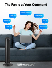 Emerson SmartVoice 29” Tower Fan, 40+ Voice Control Commands, No APP, No WIFI, Oscillating, 3 Speeds, Timer, Remote Control