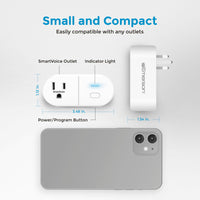 Smart voice outlet with dimensions and features on a white background