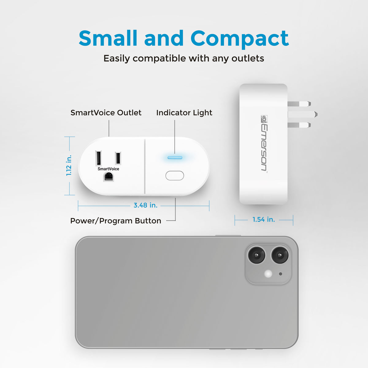 Smart voice outlet with dimensions and features on a white background