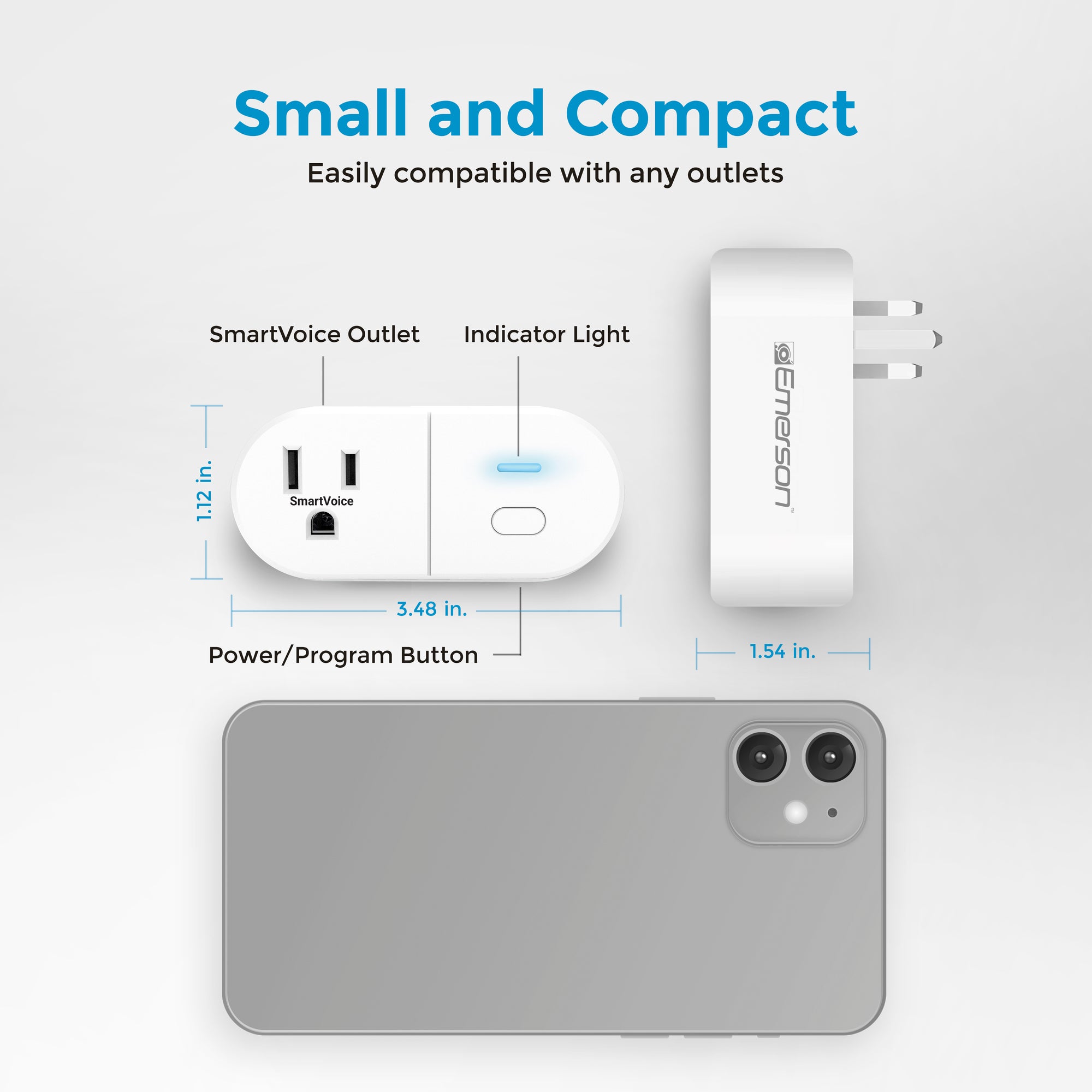 Smart voice outlet with dimensions and features on a white background