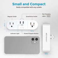 Smart outlet with USB-A charging port and dimensions labeled, featuring the brand 'Emerson'.