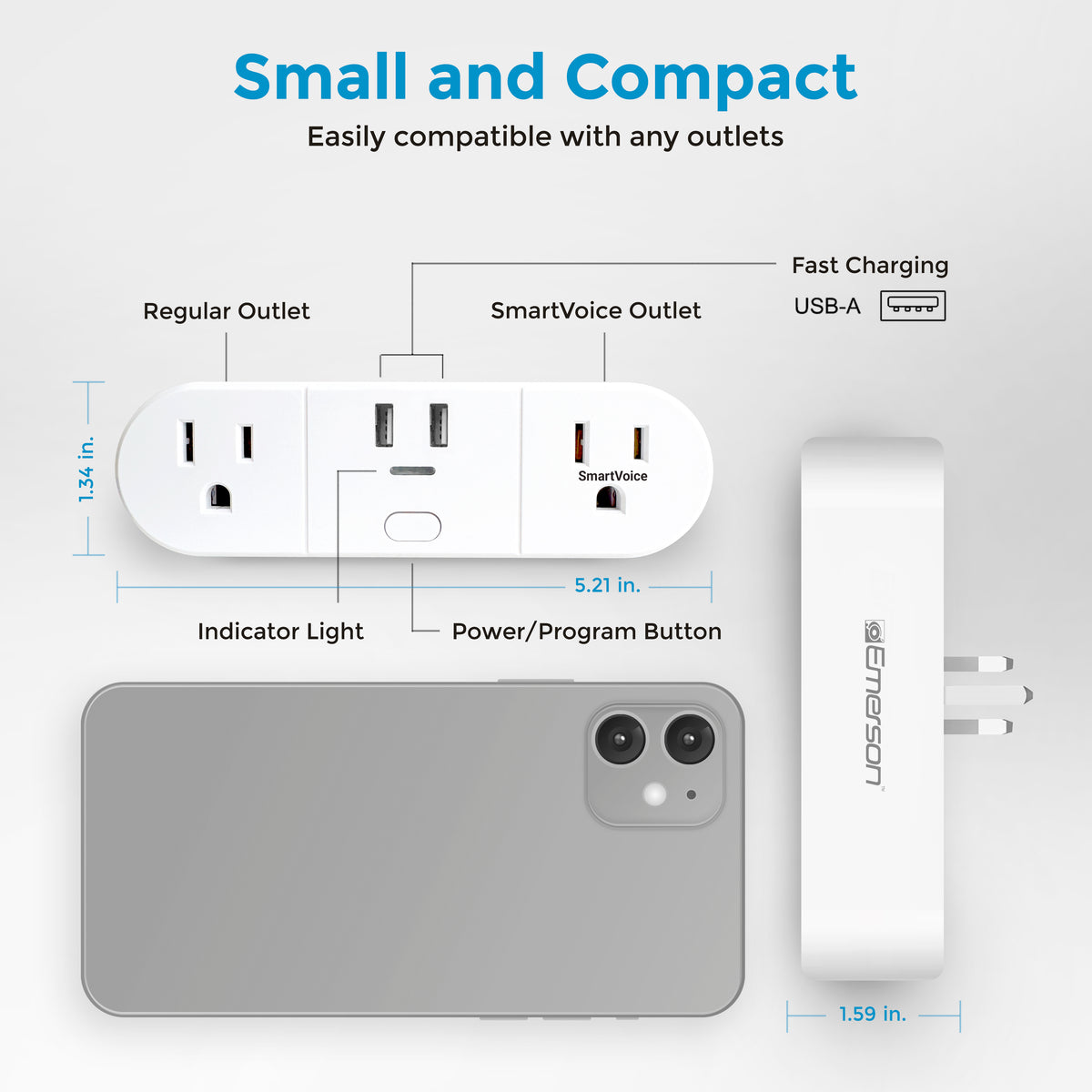 Smart outlet with USB-A charging port and dimensions labeled, featuring the brand 'Emerson'.