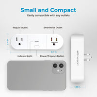 Smart outlet with dimensions and features on a light gray background