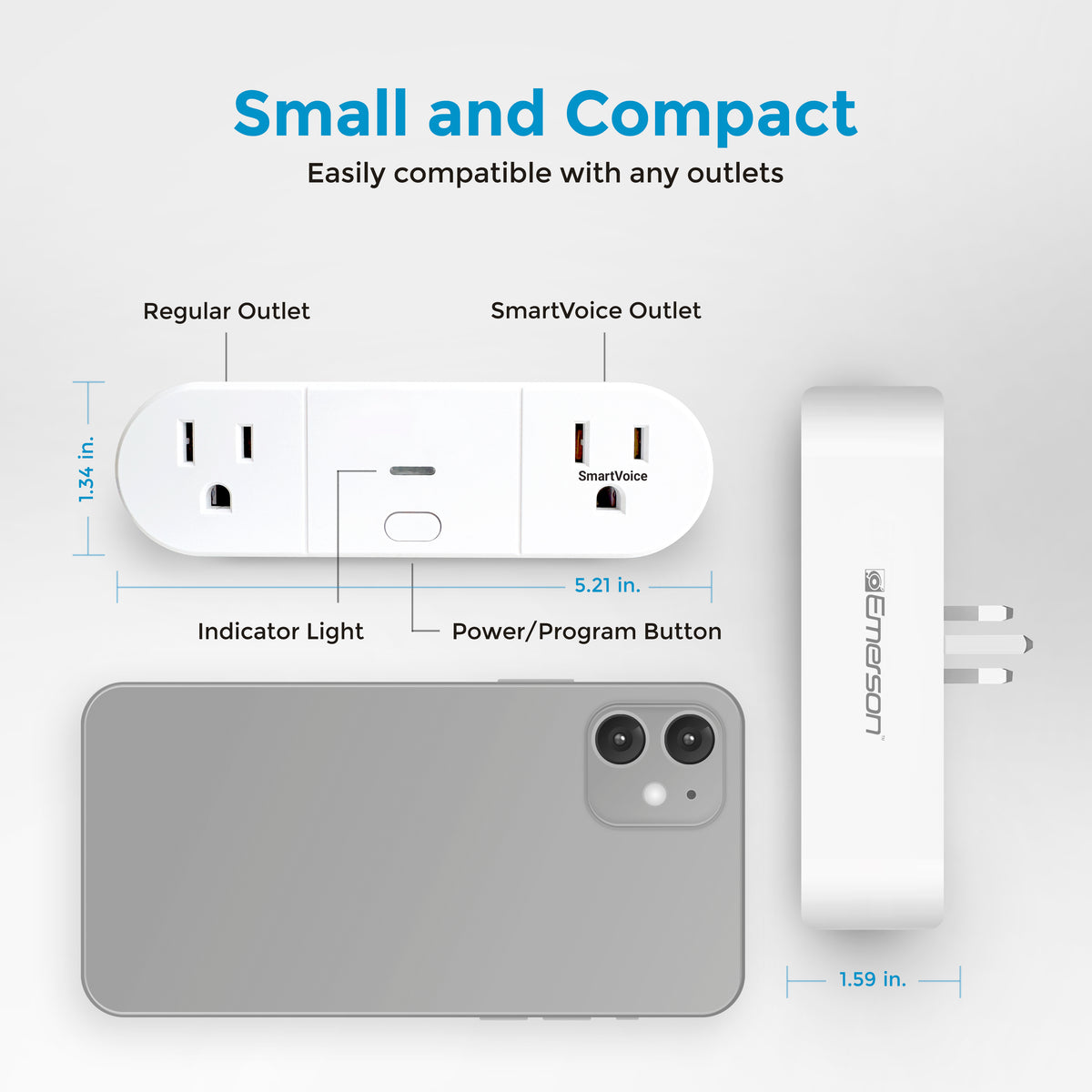 Smart outlet with dimensions and features on a light gray background