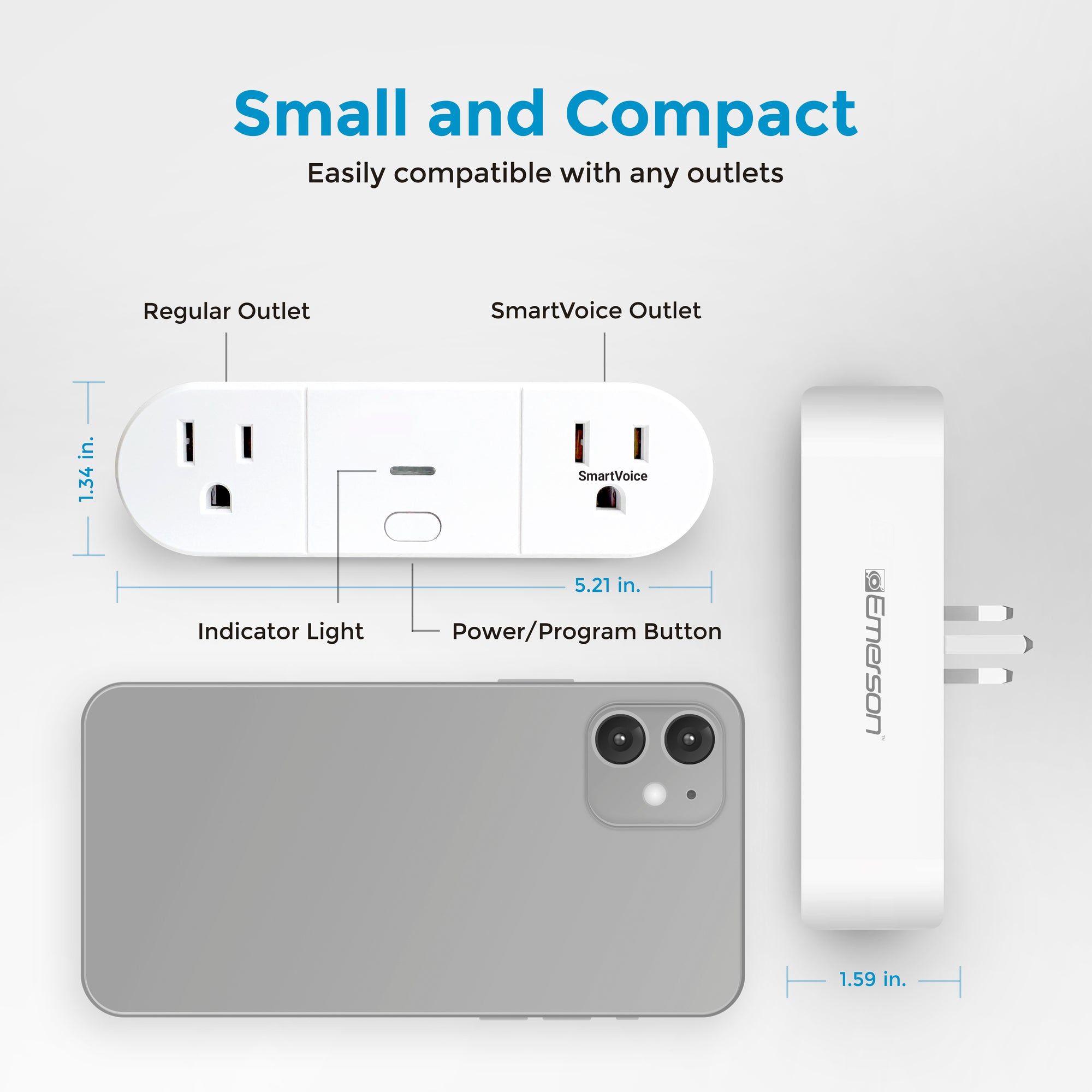 Smart outlet with dimensions and features on a light gray background