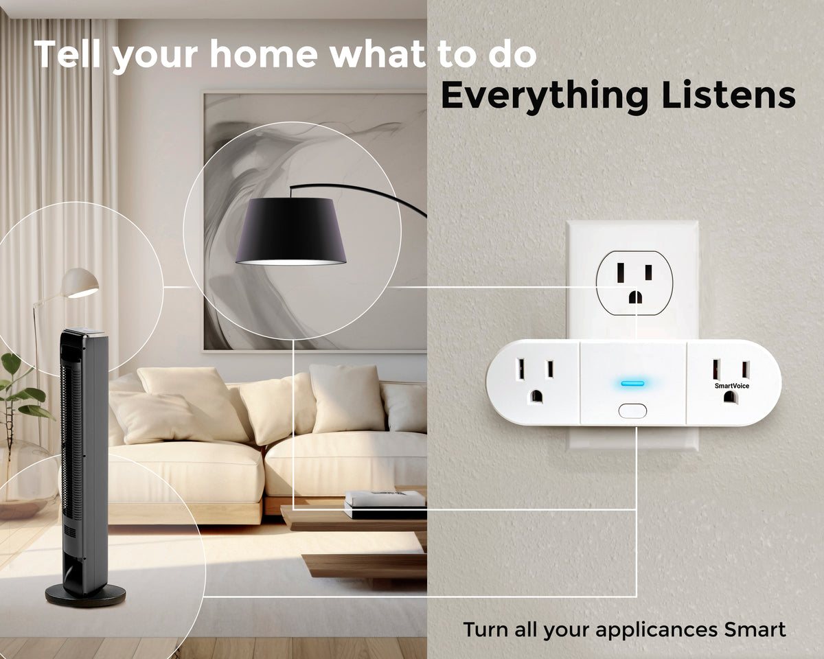 Smart home control panel with outlets and lights in a living room setting.