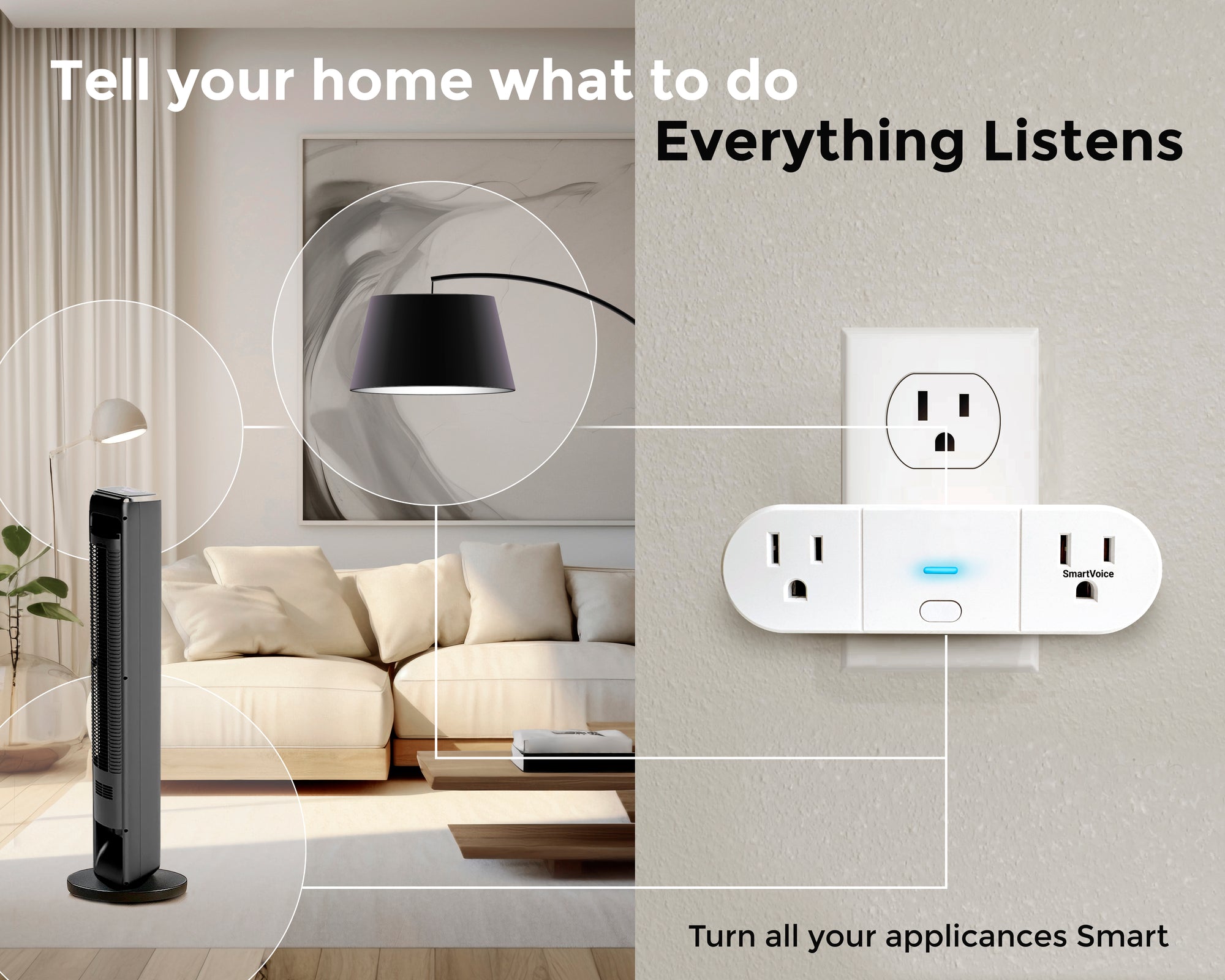 Smart home control panel with outlets and lights in a living room setting.
