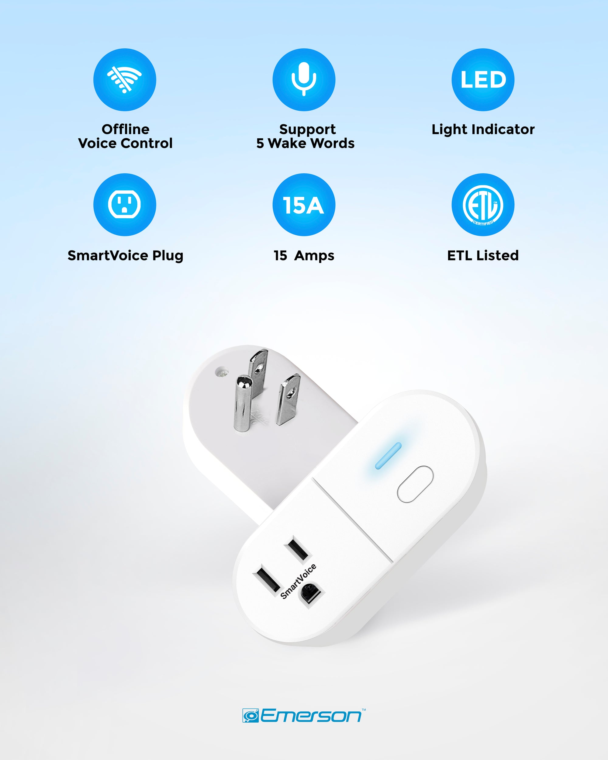 Smart plug with features listed on a light blue background