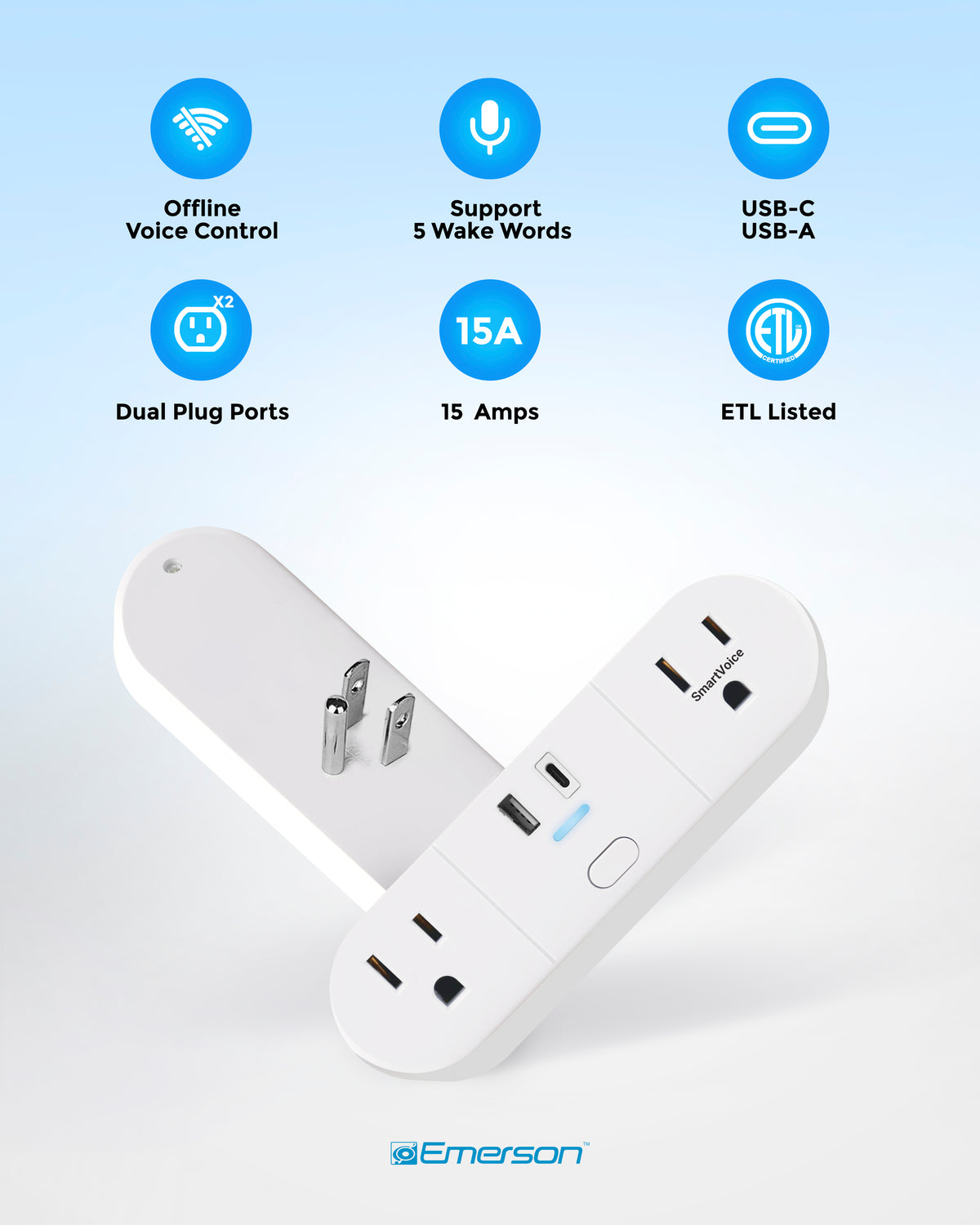 White power strip with multiple features highlighted on a light blue background