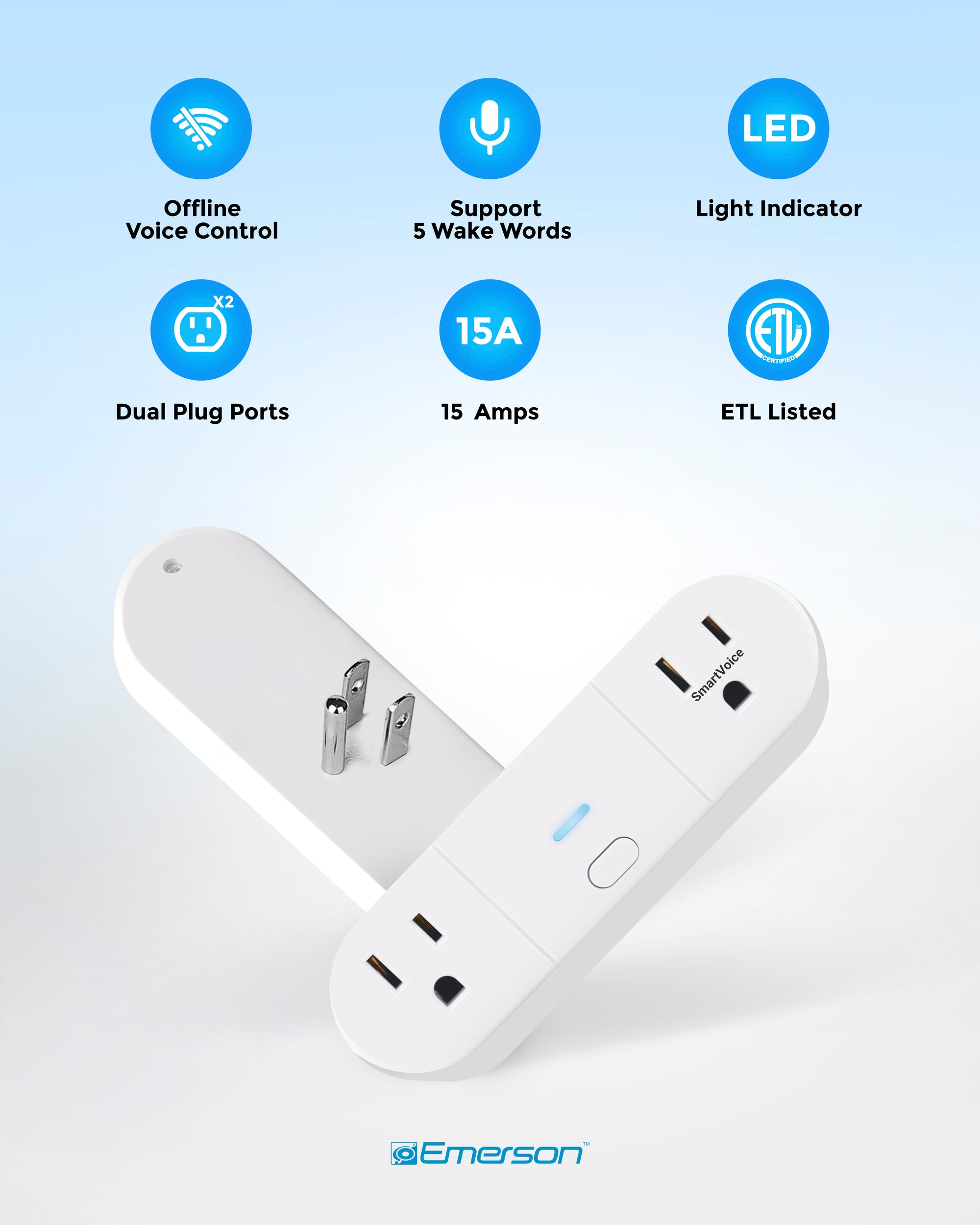 White smart plug with features listed on a light blue background