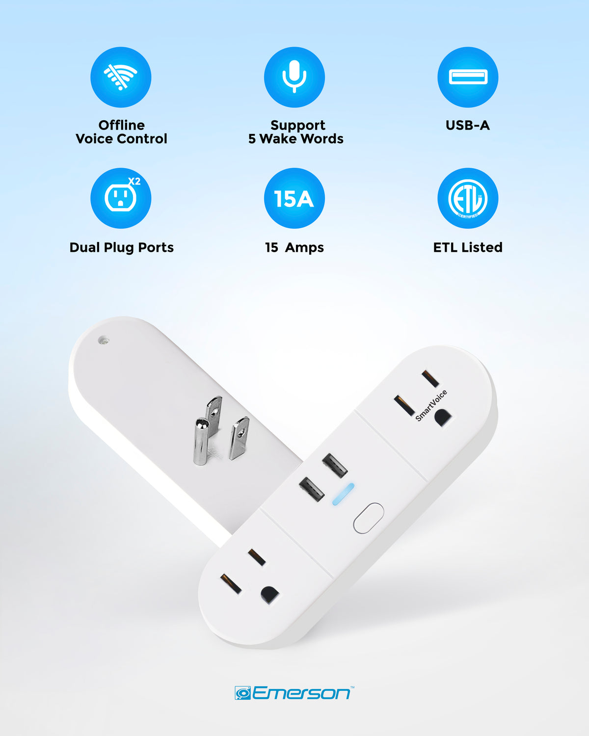 Emerson SmartVoice 4-in-1 Wall Plug smart home device with multiple outlets and voice control features in a modern setting.