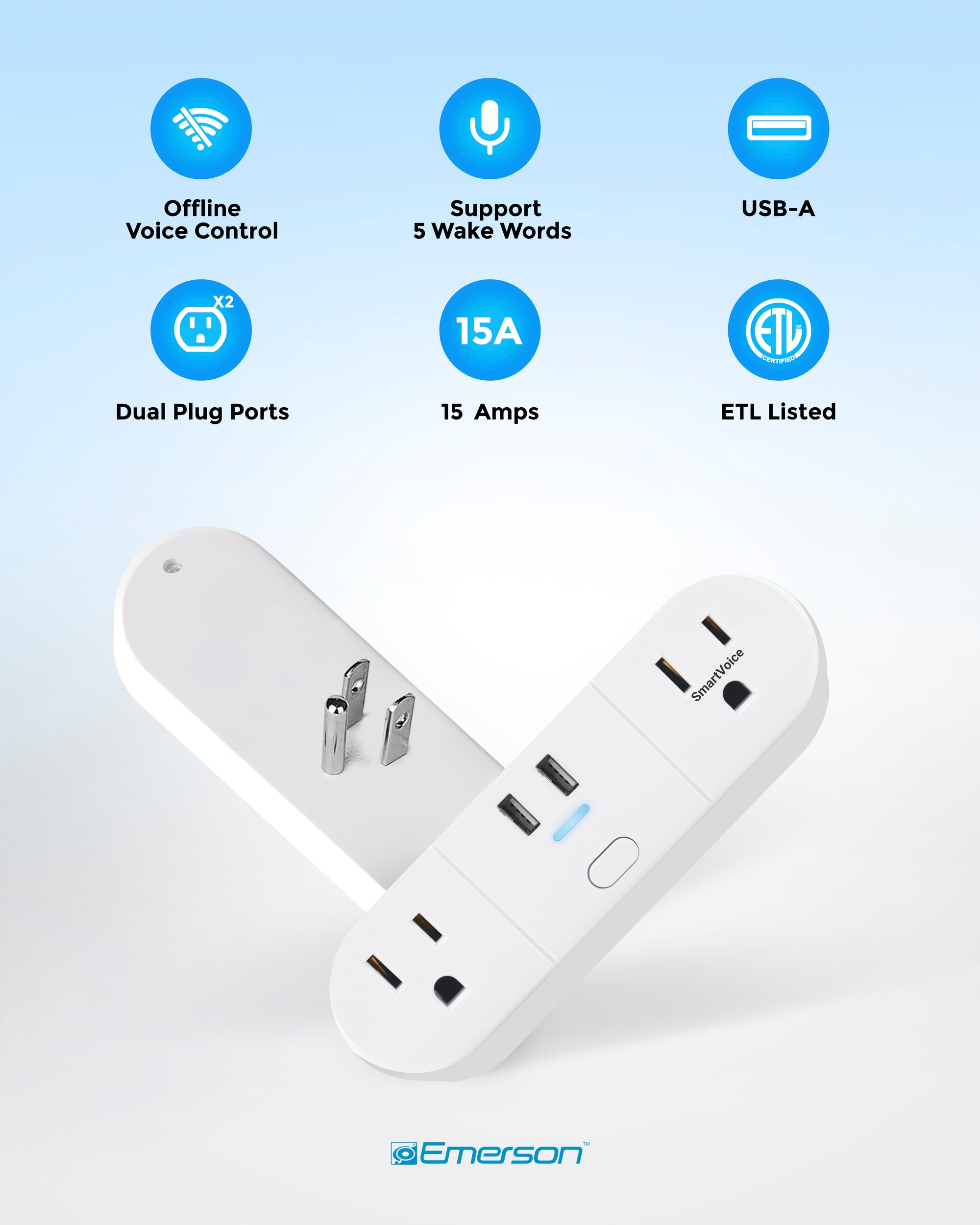 Emerson SmartVoice 4-in-1 Wall Plug smart home device with multiple outlets and voice control features in a modern setting.