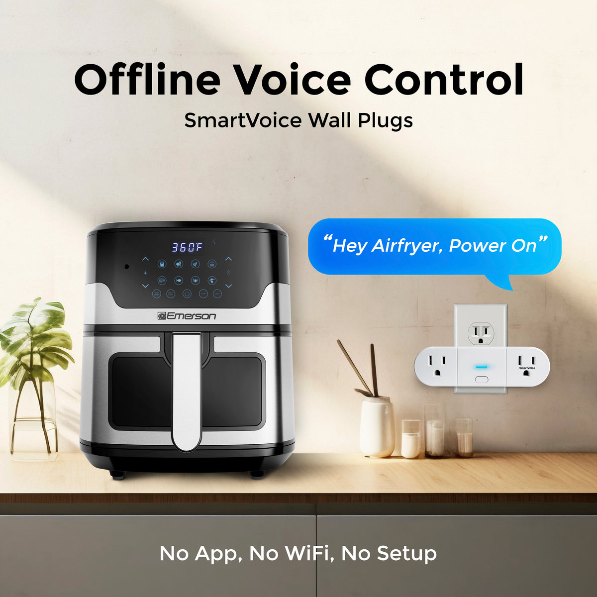 Emerson air fryer with smart voice control feature on a kitchen counter.