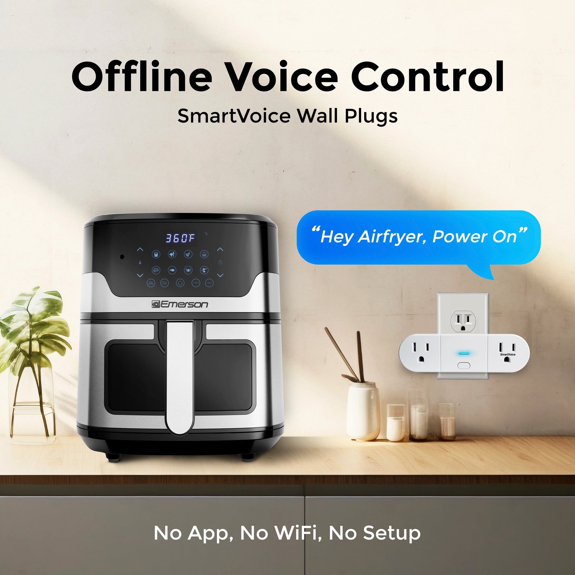 Emerson air fryer with smart voice control feature on a kitchen counter.