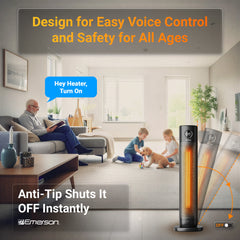Emerson SmartVoice 32-inch space heater in a home setting, showcasing its sleek tower design and digital control panel.