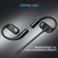Emerson NoiseZero Open-Ear Earphones, Smart AI Mic Cancelling 99.999% Noise Max Privacy, Wireless Bluetooth IPX4 (Black)