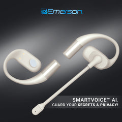 White Bluetooth headset with 'Emerson' branding on a dark background