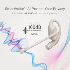 White Bluetooth earbud with colorful sound wave graphics on a light background, featuring text about noise reduction technology.