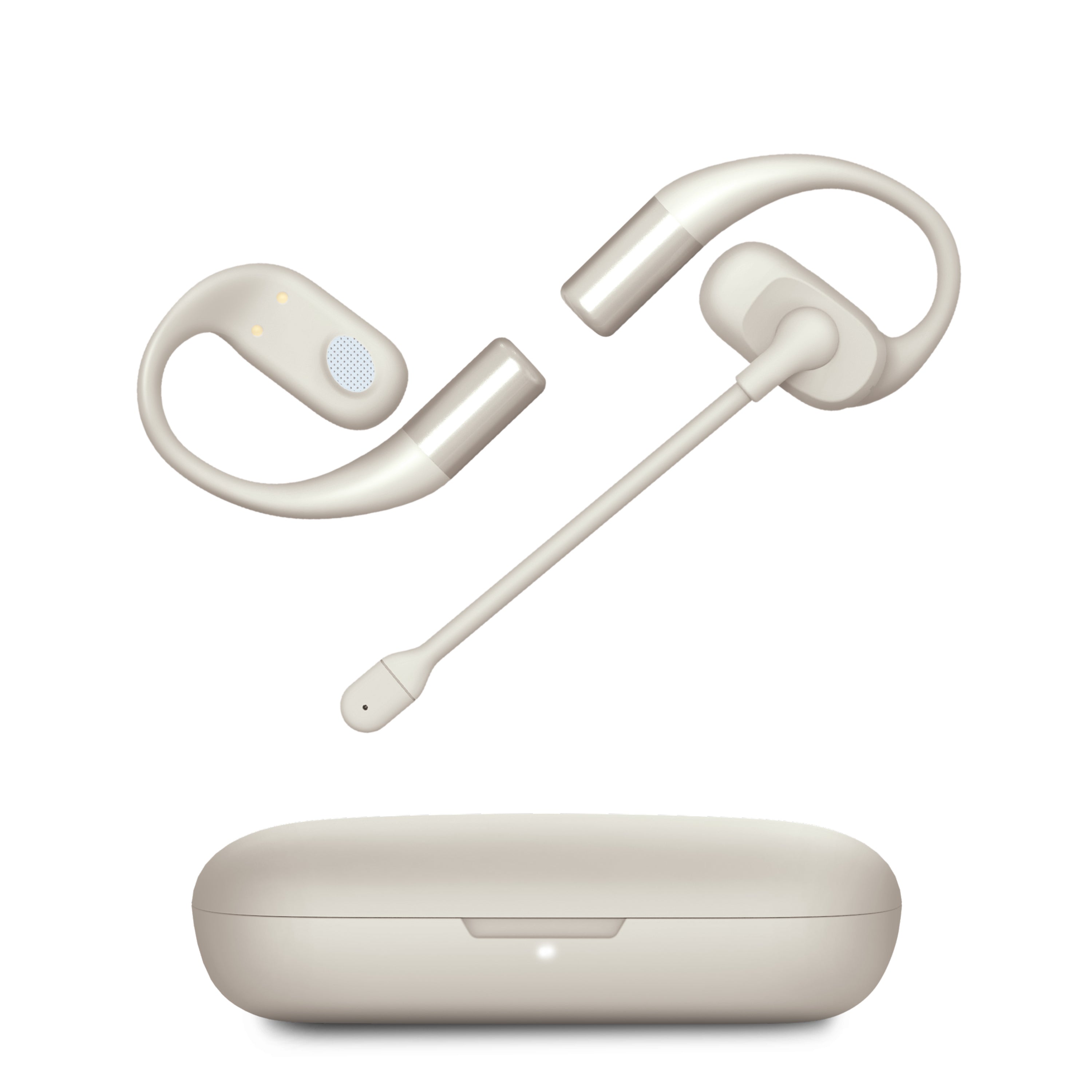 Beige Bluetooth headset with charging case on a white background