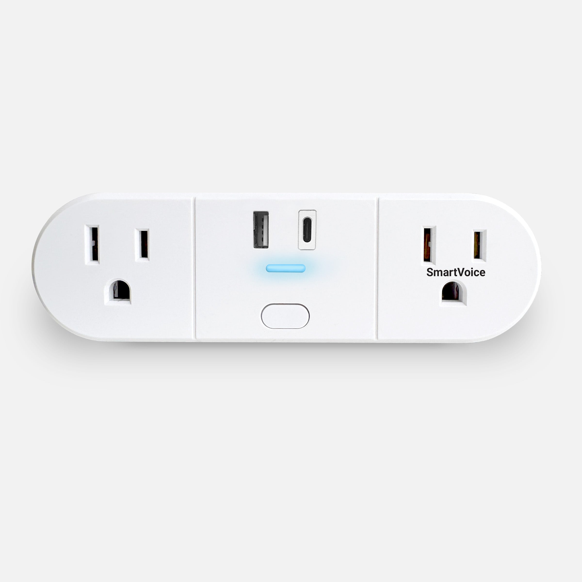 White smart plug with multiple outlets on a light gray background