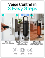 Step-by-step guide on how to use voice control with a heater, including plugging it in, giving commands, and it responding.