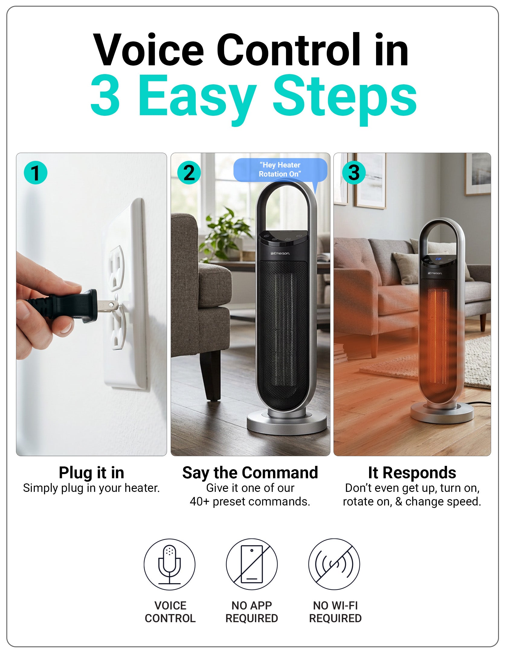 Step-by-step guide on how to use voice control with a heater, including plugging it in, giving commands, and it responding.