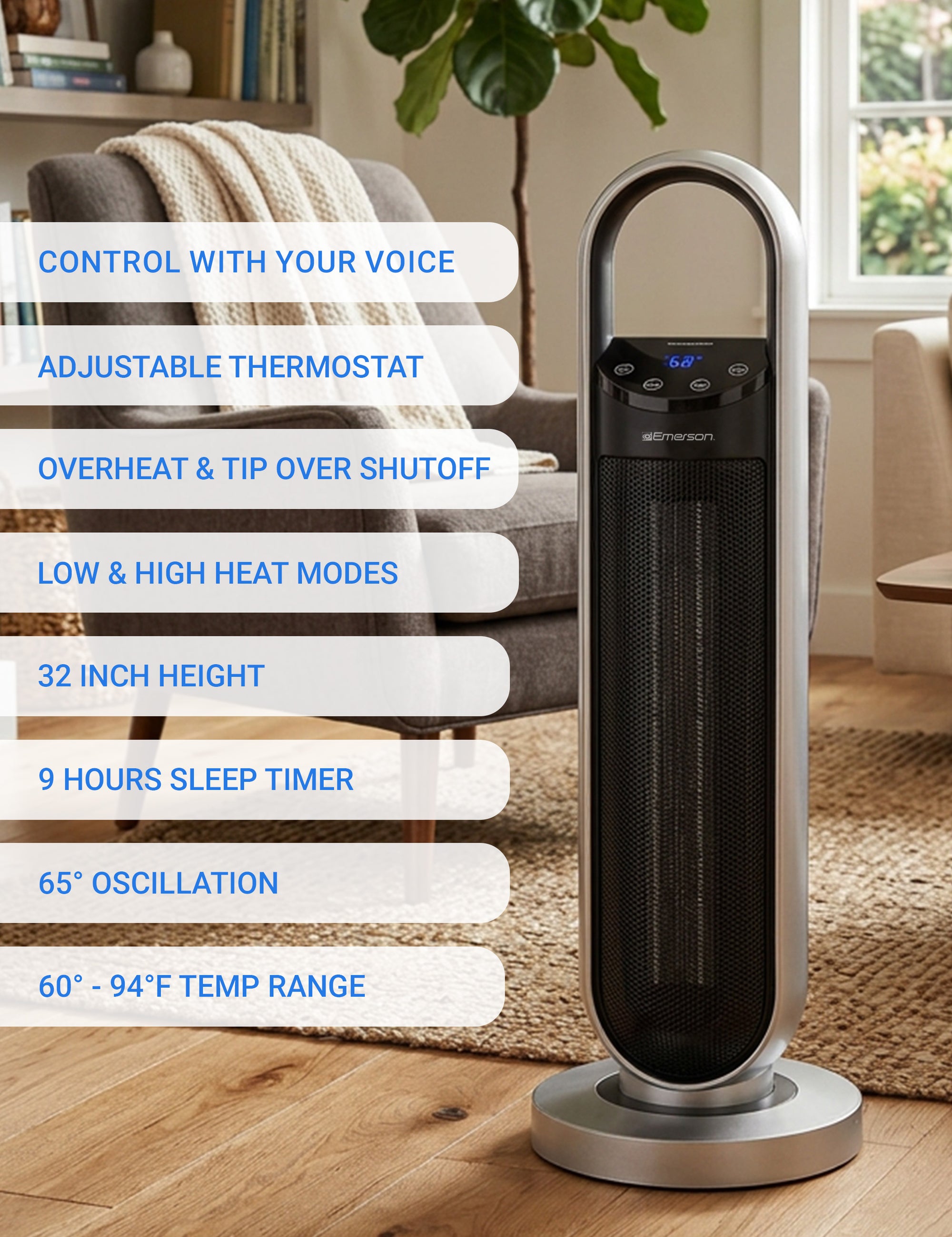 Tower heater with features listed on a wooden floor in a room with furniture and plants.