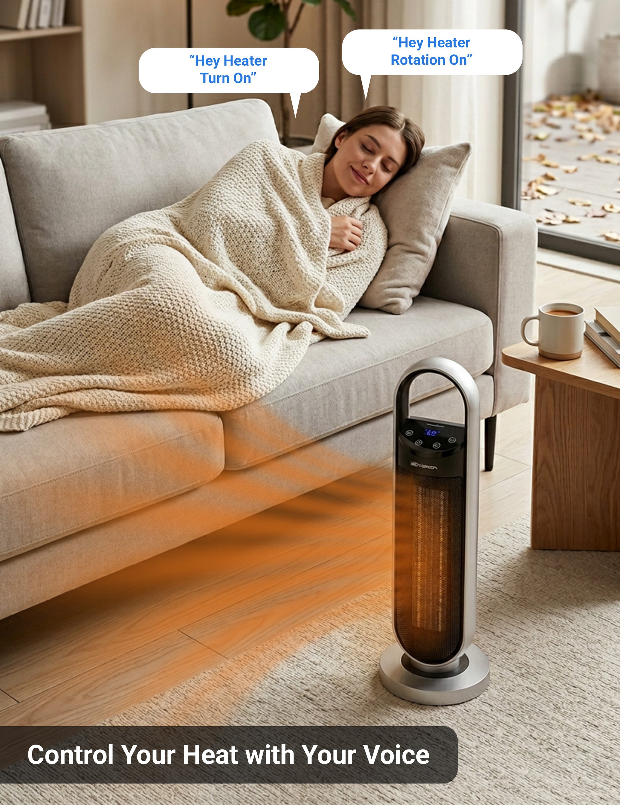 Woman wrapped in a blanket on a couch with a standing heater in front of her, text indicating voice control.