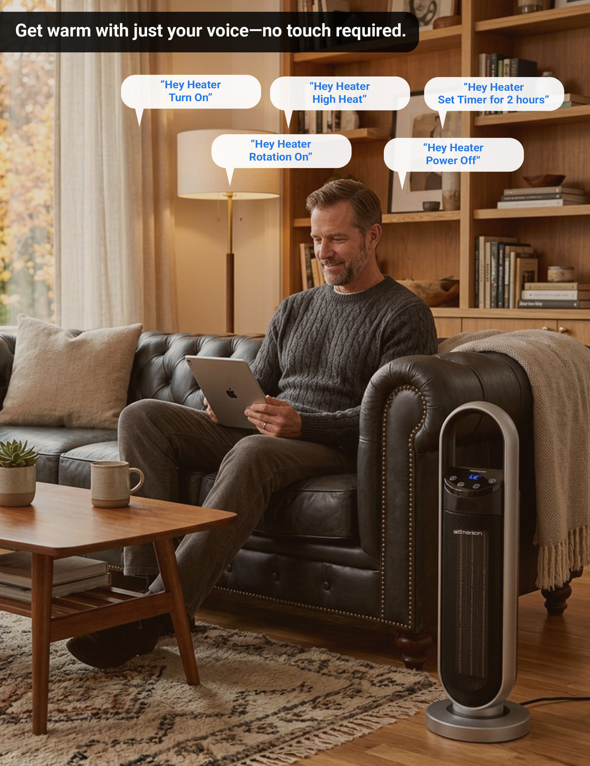 Man using a tablet in a living room with a heater and remote control.