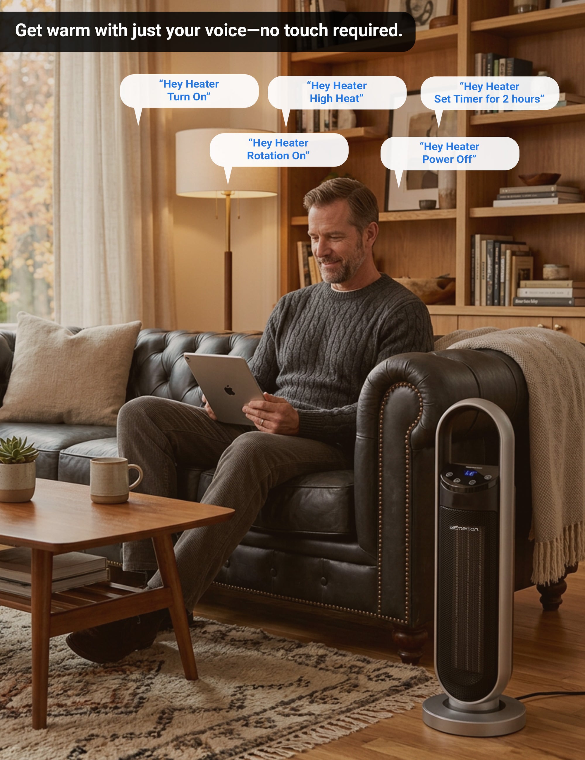 Man using a tablet in a living room with a heater and remote control.