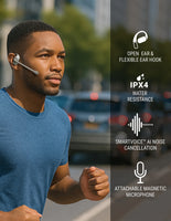 Man wearing white wireless earbuds with feature highlights on the right