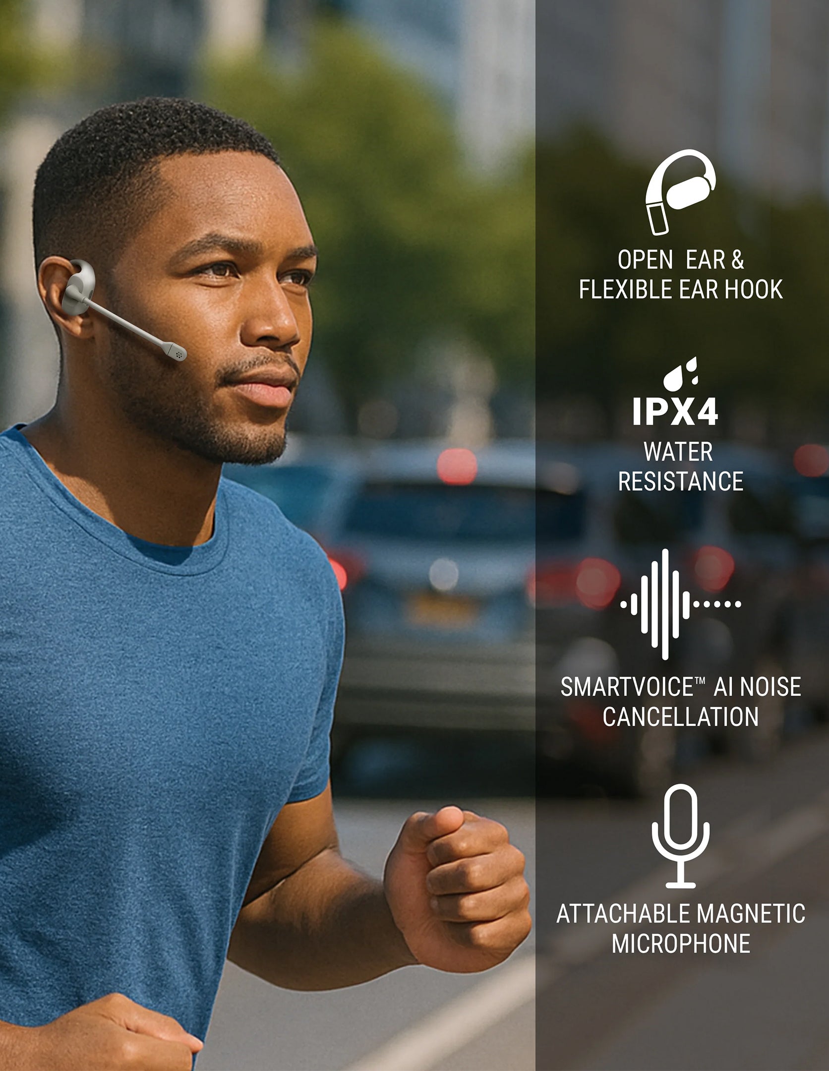 Man wearing white wireless earbuds with feature highlights on the right